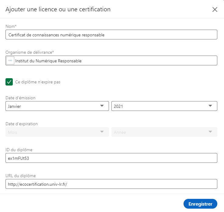 Ajout du certificat de connaissance sur linkedin