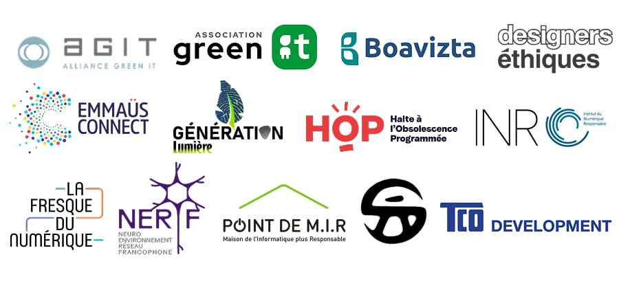 Signataires de la tribune "Fin du programme Alt IMPACT Sobriété Numérique de l'ADEME : Les associations s’unissent !" : AGIT (Alliance Green IT), Association Green IT, Boavizta, Designers éthiques, EMMAÜS Connect, Génération Lumière, HOP (Halte à l'Obsolescence Programmée), Institut du Numérique Responsable, La Fresque du Numérique, NERF (Neuro-Environnement Réseau Francophone), Point de M.I.R. (Maison de l'Informatique plus Responsable), Syst-A, TCO Development.