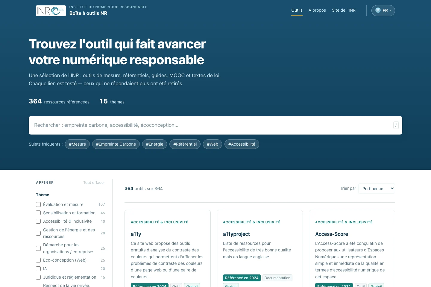Ouvrir la boîte à outils NR : aperçu du moteur de recherche, des filtres et des ressources.